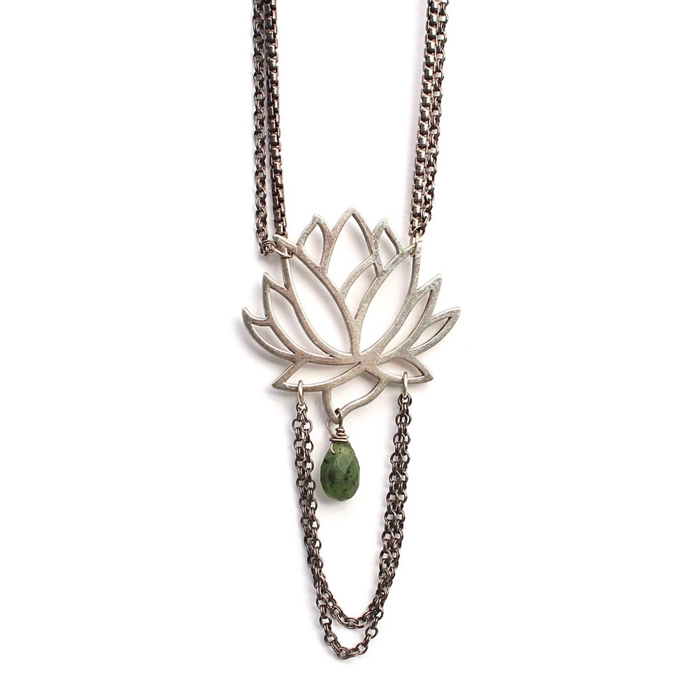 Sterling Silver Lotus Pendant Necklace Nephrite Jade Gemstone & Brown Leather